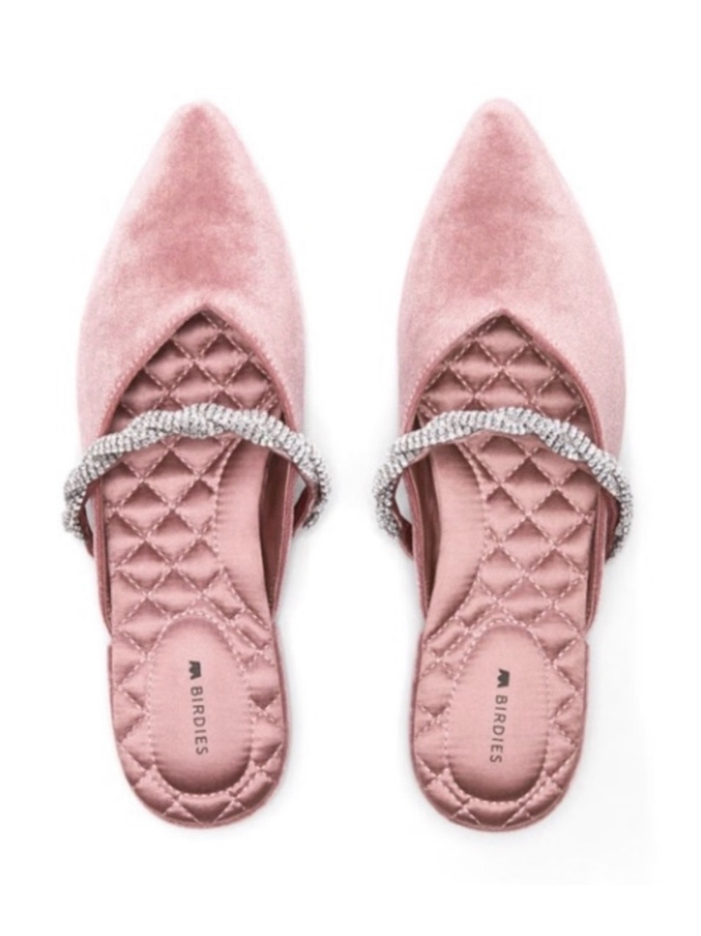 Birdies “The Swan” Rose Pink Velvet Pointed Slip-On Mules with Crystal Strap